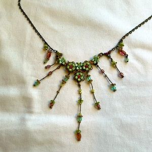 Beautiful Michal Negrin Necklace with Green and Lavender Crystals; EUC